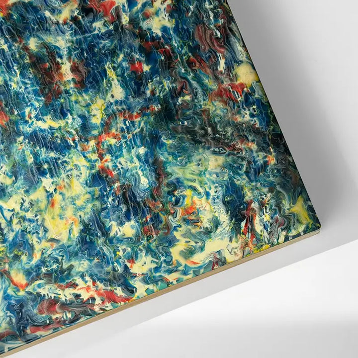 FOCUS mixed media painting on wood panel with resin textures