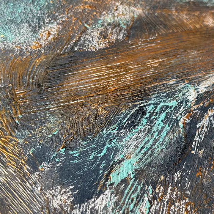 FOCUS mixed media painting on wood panel with resin textures