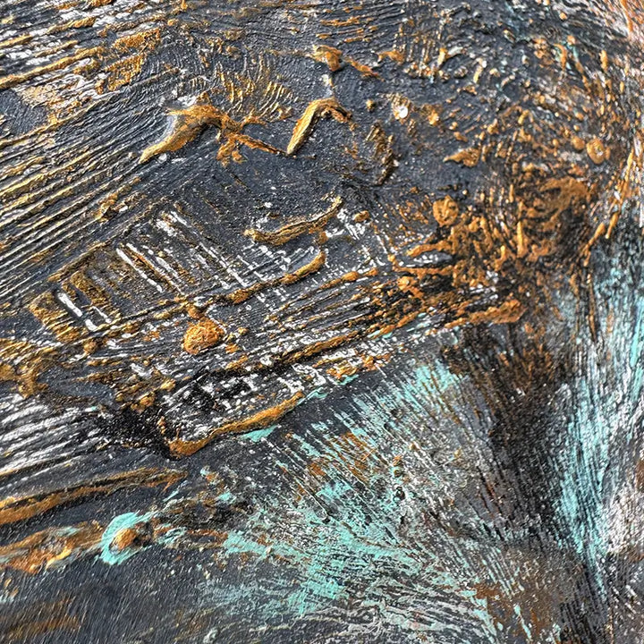 FOCUS mixed media painting on wood panel with resin textures