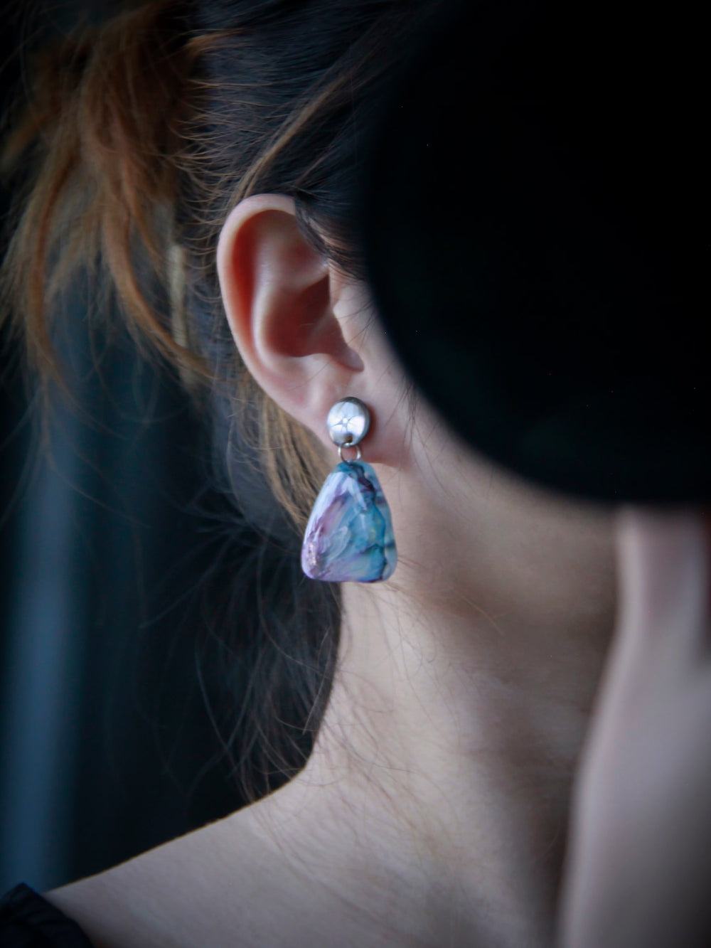 Handcrafted resin statement earrings in translucent pink and green with pearl accents and wrapped bead details from the Imagined Objects collection by Artist Jun.