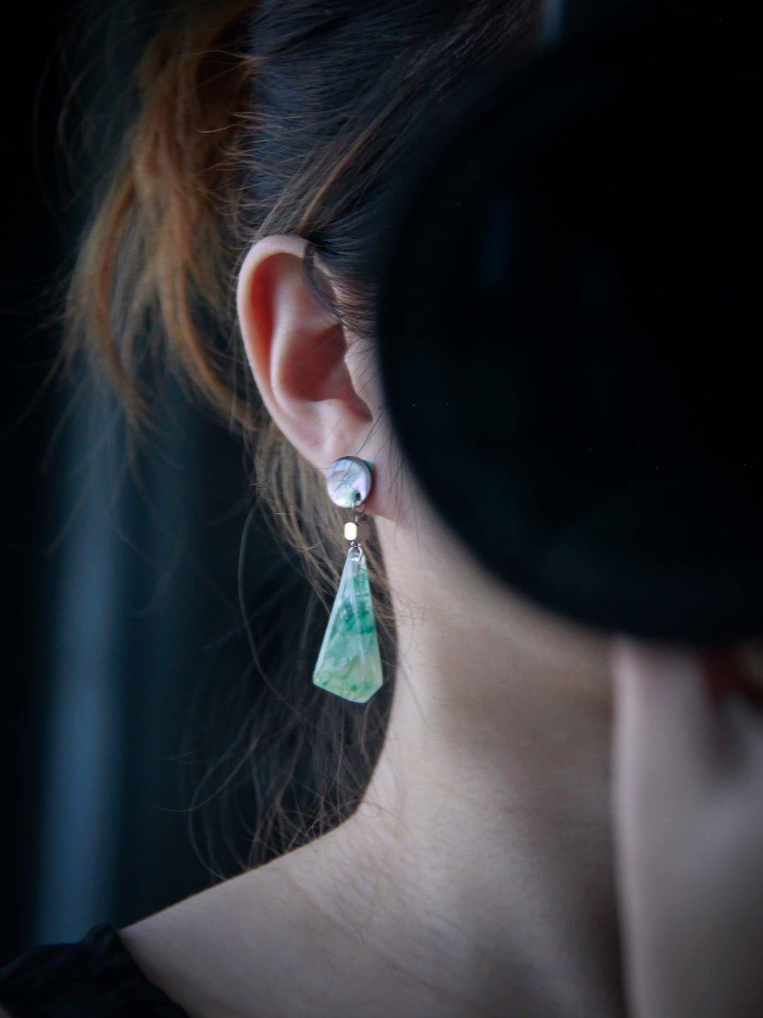 Model wearing GF-004 earrings by Artist Jun