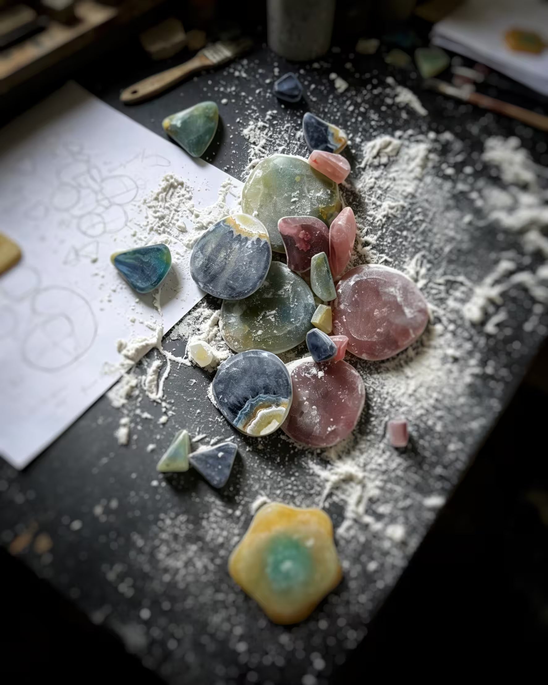 Artist Jun's studio workbench with handcrafted materials, tools, and works in progress during the creative process.