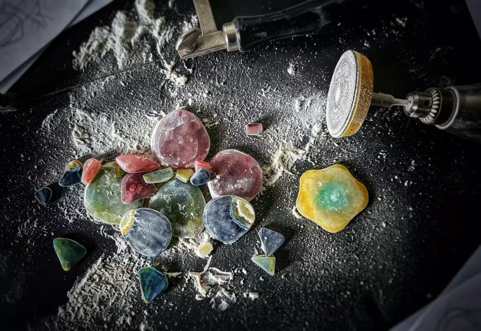 Artist Jun's studio workbench with handcrafted materials, tools, and works in progress during the creative process.
