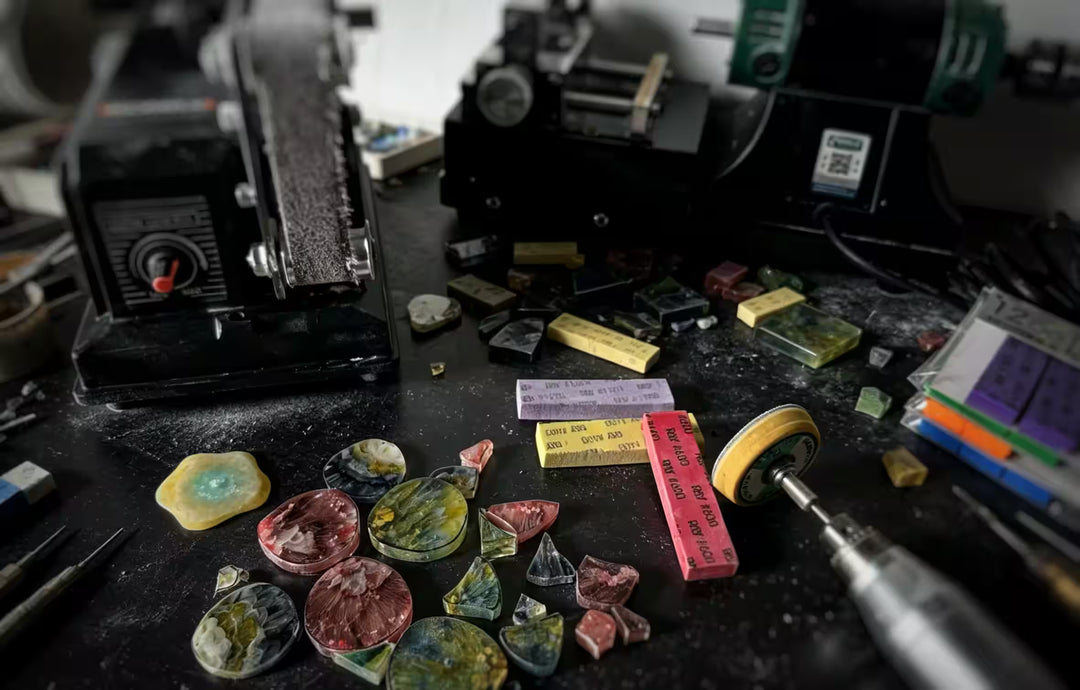 Artist Jun's studio workbench with handcrafted materials, tools, and works in progress during the creative process.